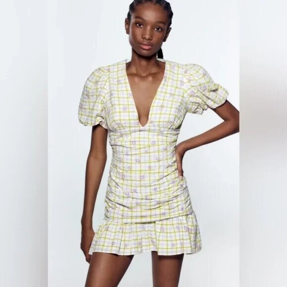 Zara Women's Size Large Checkered Floral Print Draped Balloon Sleeve Mini Dress - Picture 1 of 16